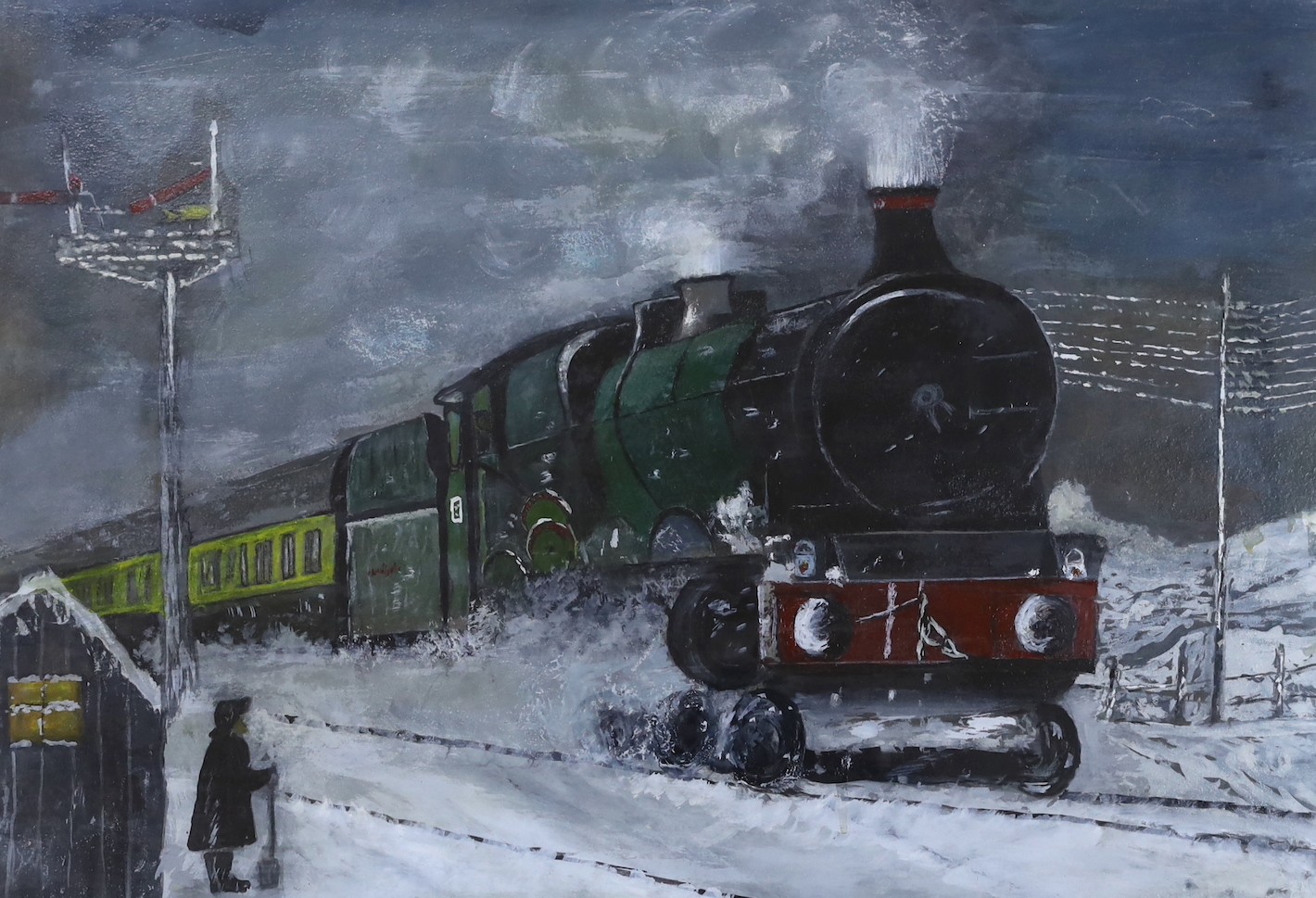 Modern British, oil on canvas, a train passing through the winter snow, 40 x 57cm